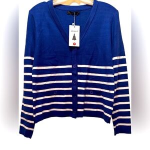 NWT Women’s Blue/White V Neck 5 Button Front Long Sleeve Knit Cardigan Size L